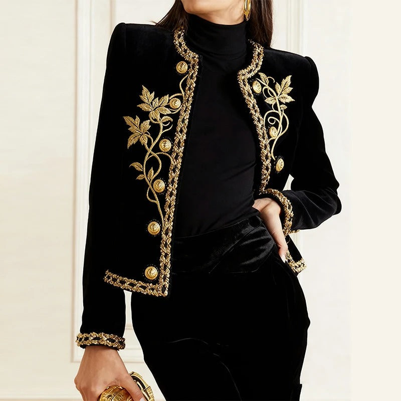 Women's Black Velvet Jacket – Gold Floral Embroidered Long Sleeve Button-Up Coat