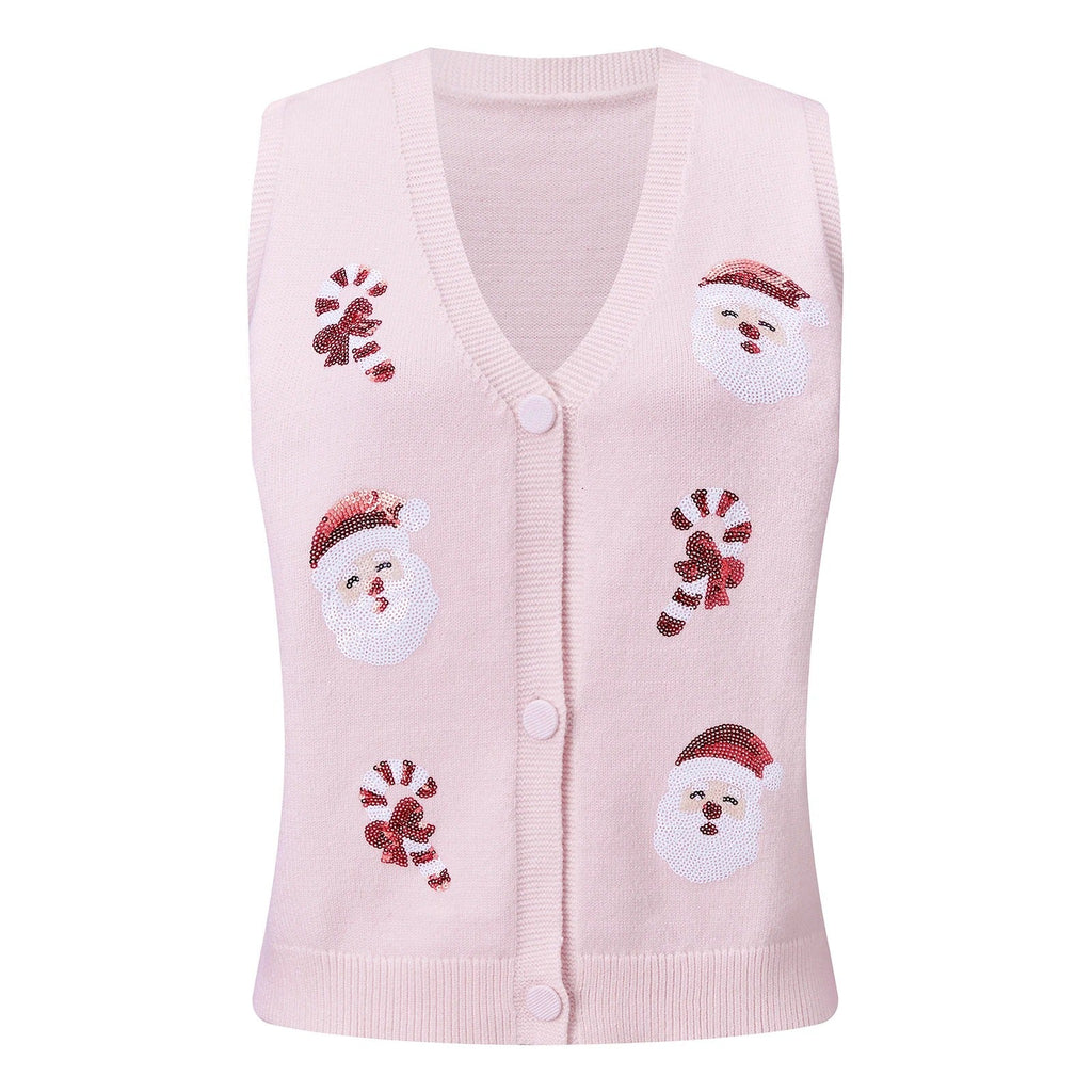 Women's Christmas Sweater Vest – Festive Sequin Gingerbread Men and Candy Cane Button-Up Cardigan