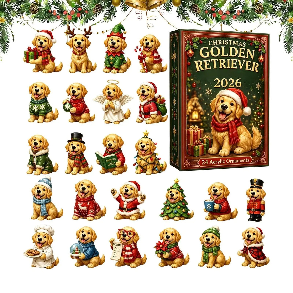 2026 Christmas Advent Calendar Cute American Golden Retriever Pendant 24-day countdown calendar 2D Christmas tree dog pendant