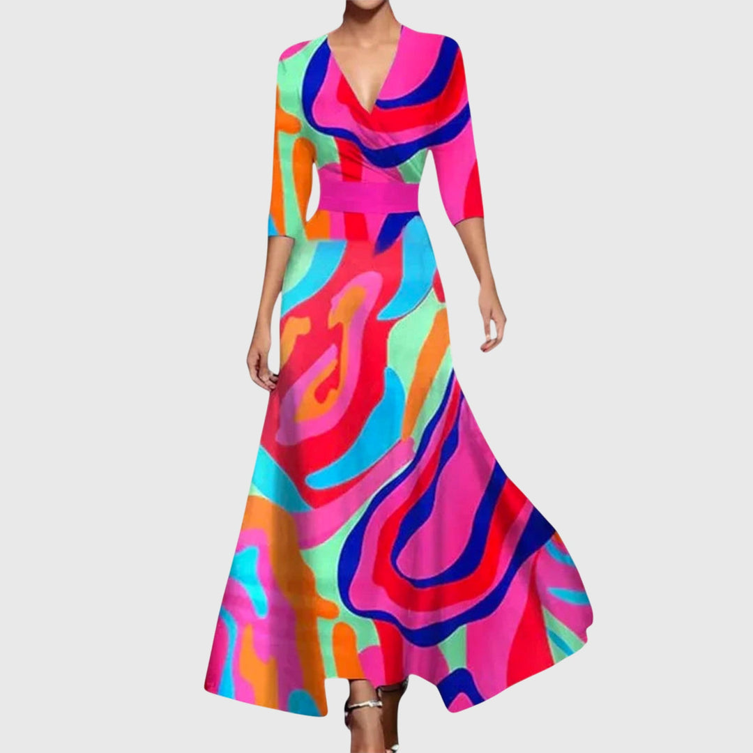 Elegantní dámské maxi šaty s výstřihem do V a krátkými rukávy
