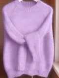 Women's Soft Mohair Blend Sweater – Relaxed Fit Crew Neck Knit Pullover