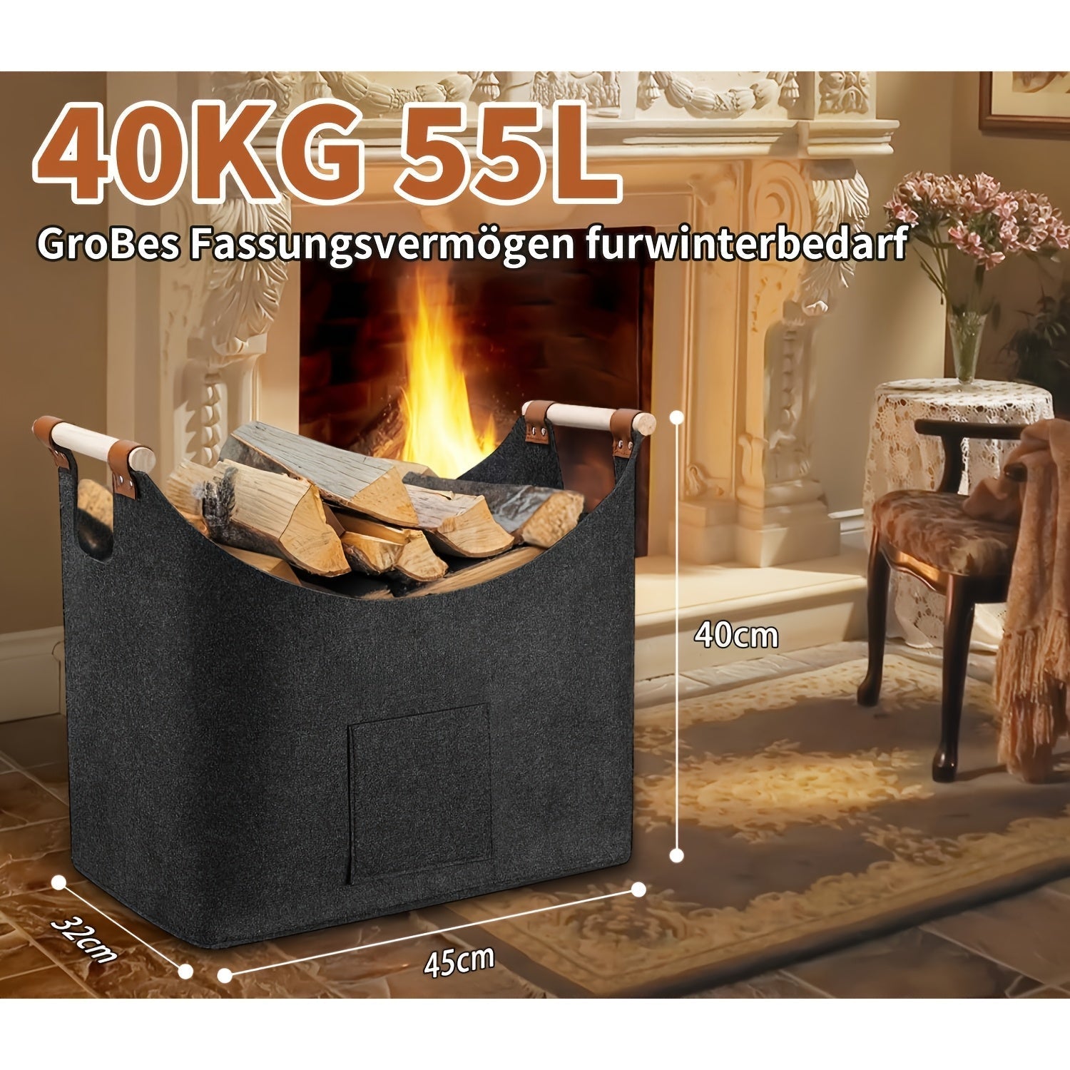 Felt Firewood Basket - Foldable, 55L Volume, Wooden Handles & Leather Details - Dark Gray