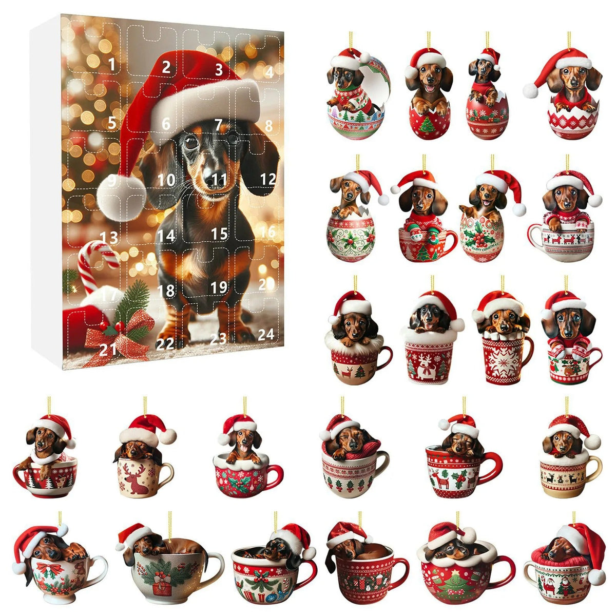 2026 Christmas 24 Day Advent Calendar 2D Acrylic Dachshund Christmas Tree Hanging Ornament Christmas Hanging Hanger Decoration