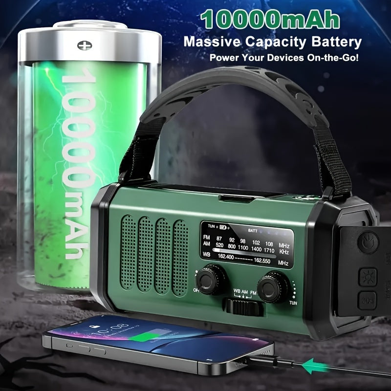 Nouzové rádio s powerbankou 10 000 mAh | Solární, s ruční kličkou a USB-C | LED světlo, SOS alarm a kompas | AM/FM/NOAA