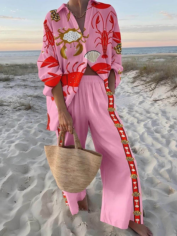 Women’s Undersea Print Two-Piece Set – Long Sleeve Shirt & Trousers