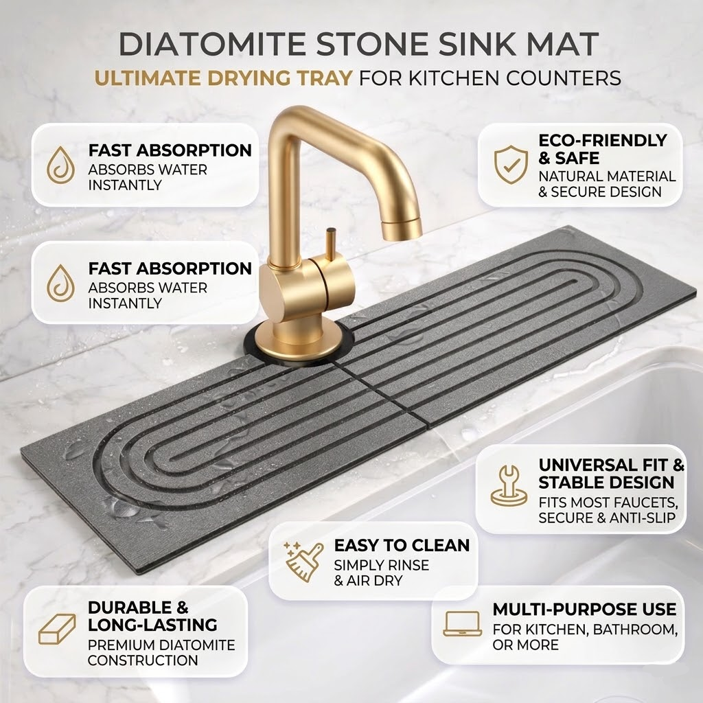 Diatomite Stone Sink Mat - Faucet Drying Tray for Kitchen & Bathroom