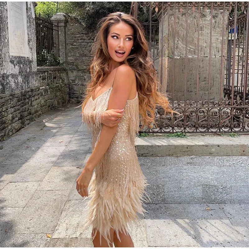 Women's Feather Mini Dress - Glamorous & Playful
