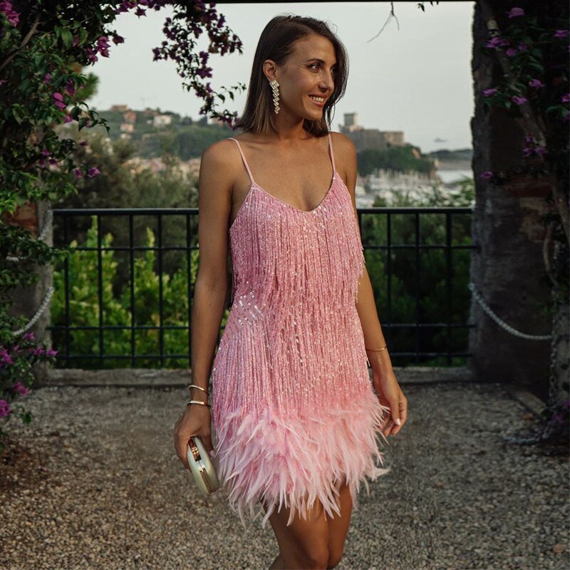 Women's Feather Mini Dress - Glamorous & Playful