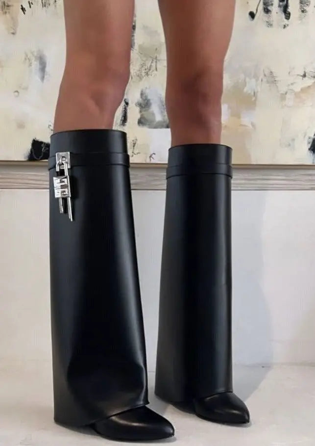 Modern Wedge Boots  Black Vegan Leather With Lock Detail - Product detail 8