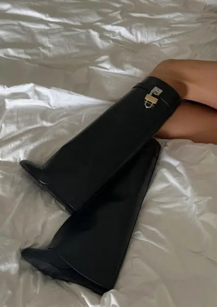 Modern Wedge Boots  Black Vegan Leather With Lock Detail - Product detail 9