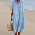 Summer Linen Midi Dress  V-Neck Loose Fit Design - Product detail 7