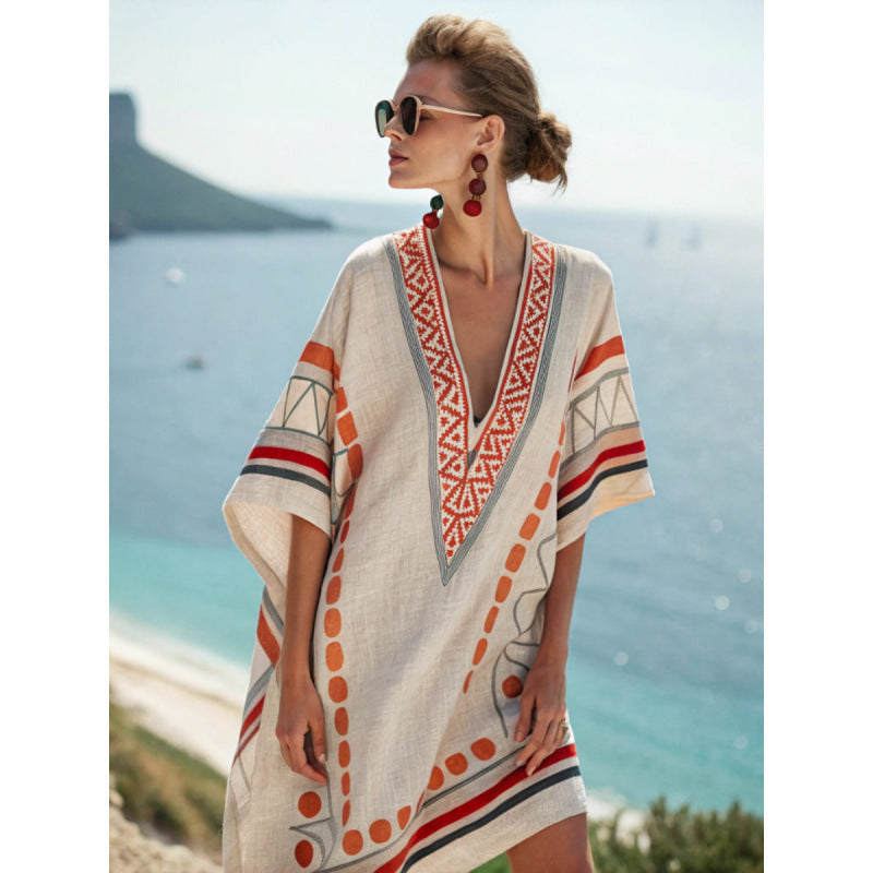 Vestito caftano bohemien ricamato da donna - Vestito estivo elegante e fluente