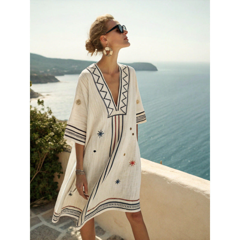 Vestito caftano bohemien ricamato da donna - Vestito estivo elegante e fluente