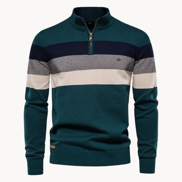 Color-blocked sweater with a quarter zip on a white background