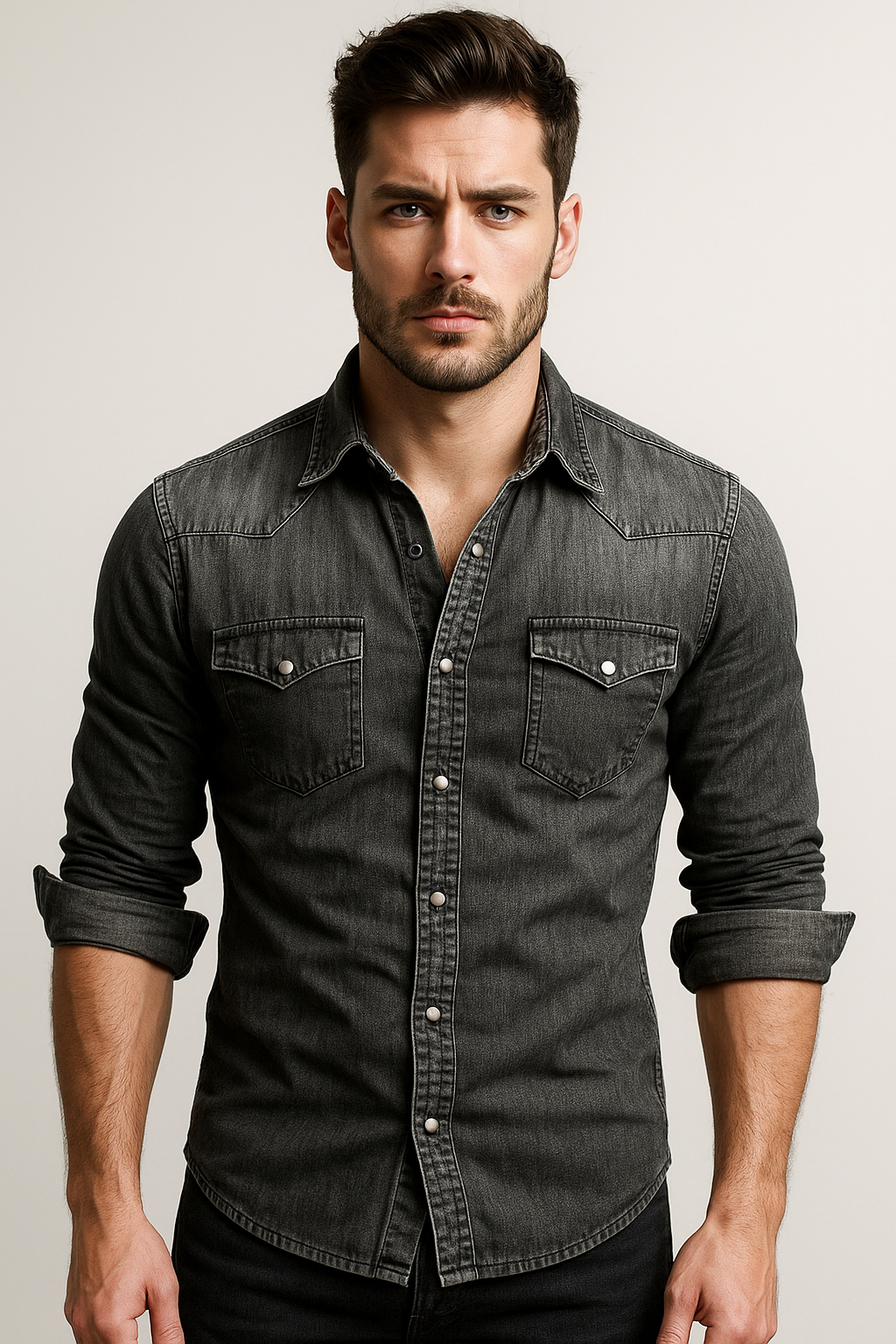 Men's Slim Fit Denim Shirt with Snap Buttons