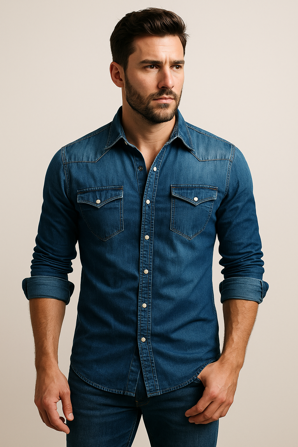 Men's Slim Fit Denim Shirt with Snap Buttons