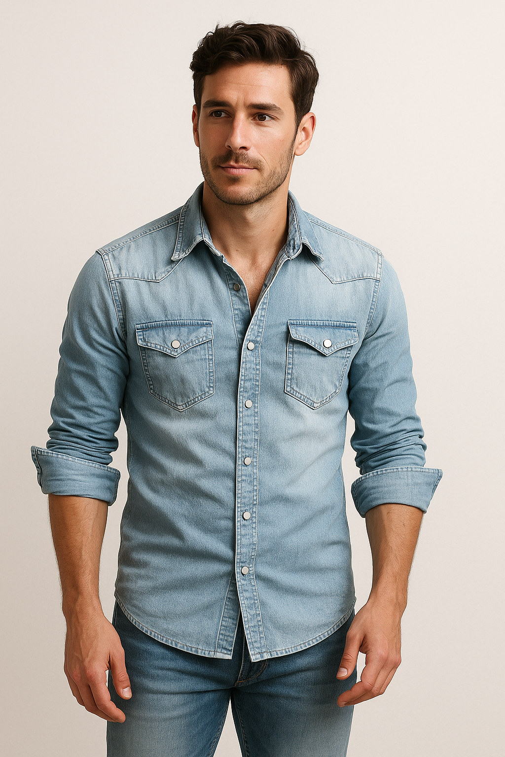 Men's Slim Fit Denim Shirt with Snap Buttons