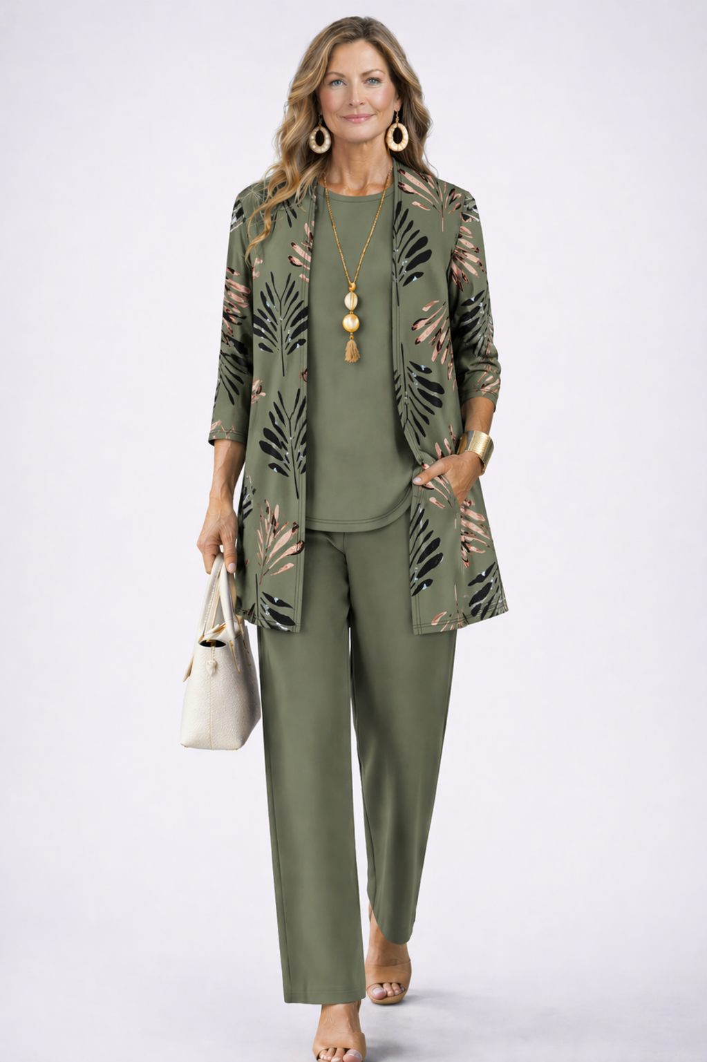 3-Piece Set with Cardigan, Top, and Wide-Leg Trousers