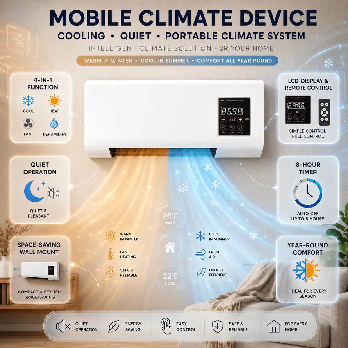 4-in-1 Portable Wall-Mounted Air Conditioner: Cooling, Heating, Ventilation, Dehumidification, Quiet, Timer, LCD Screen, White