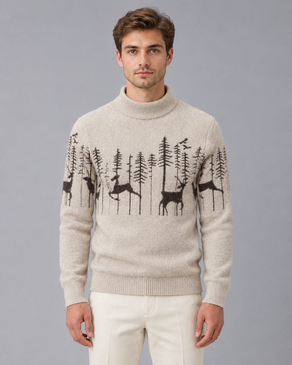 Men's Soft Knit Christmas Jumper | Festive Reindeer Mock Neck Sweater | Brushed Knit Holiday Knitwear for Men's Winter