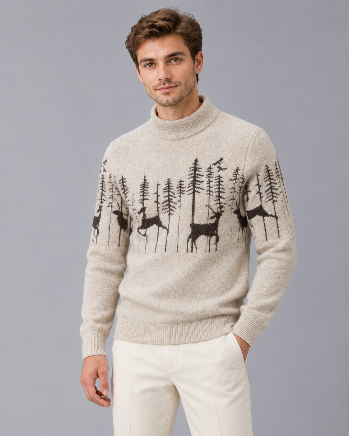 Men's Soft Knit Christmas Jumper | Festive Reindeer Mock Neck Sweater | Brushed Knit Holiday Knitwear for Men's Winter
