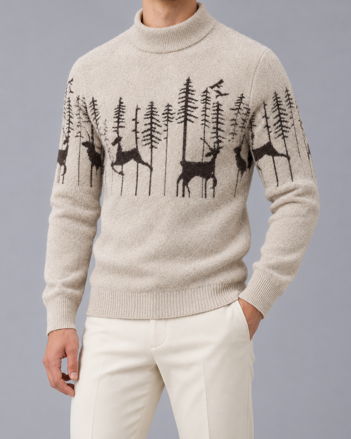 Men's Soft Knit Christmas Jumper | Festive Reindeer Mock Neck Sweater | Brushed Knit Holiday Knitwear for Men's Winter