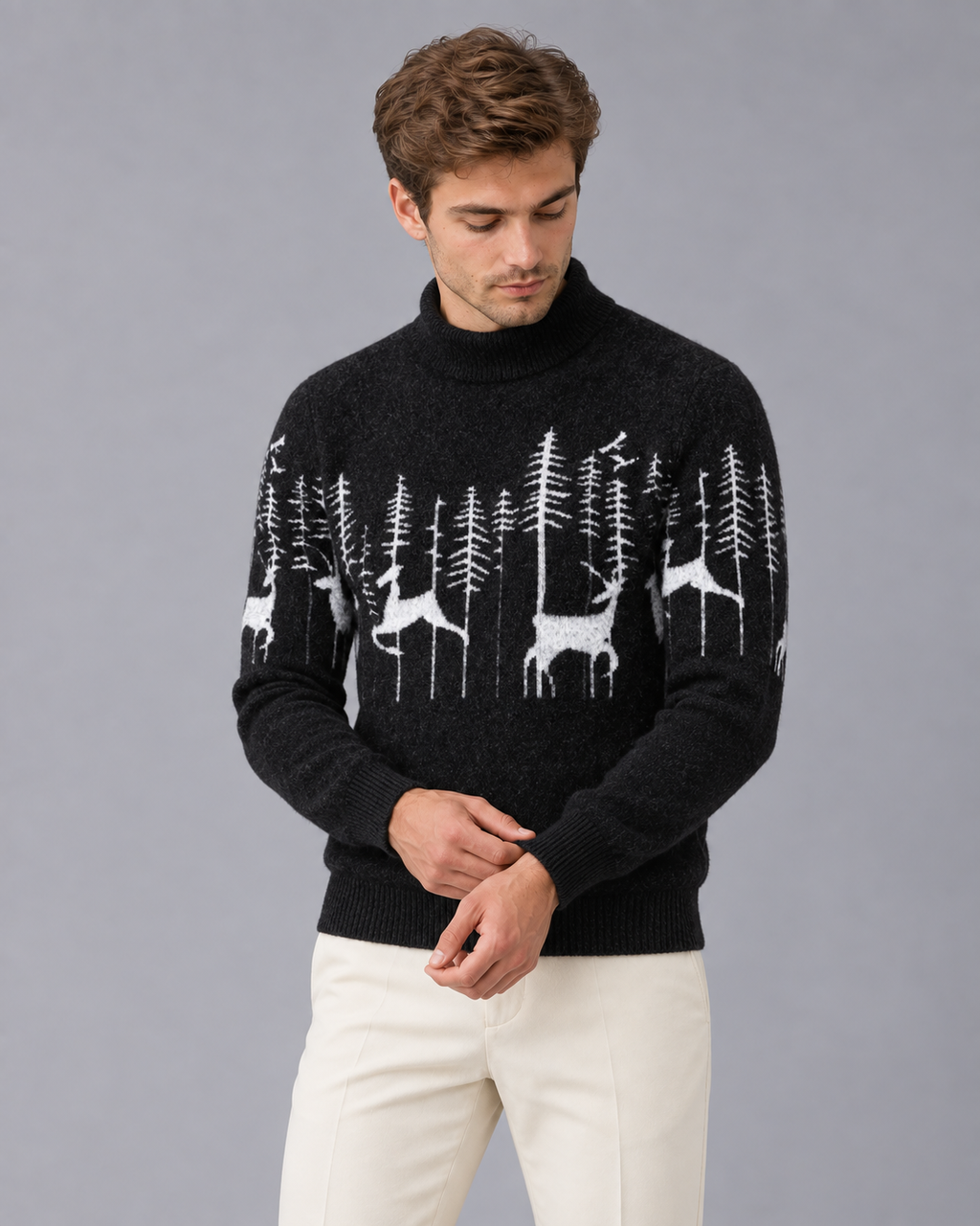 Men's Soft Knit Christmas Jumper | Festive Reindeer Mock Neck Sweater | Brushed Knit Holiday Knitwear for Men's Winter