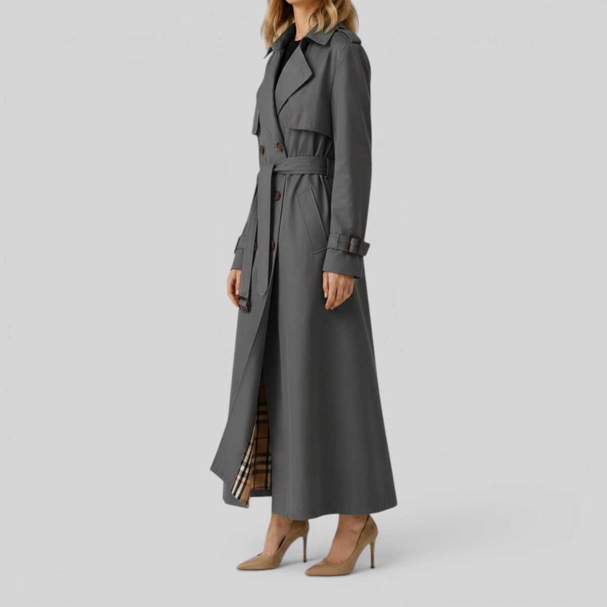 Double Breasted Belted Maxi Trench Coat with Storm Flap