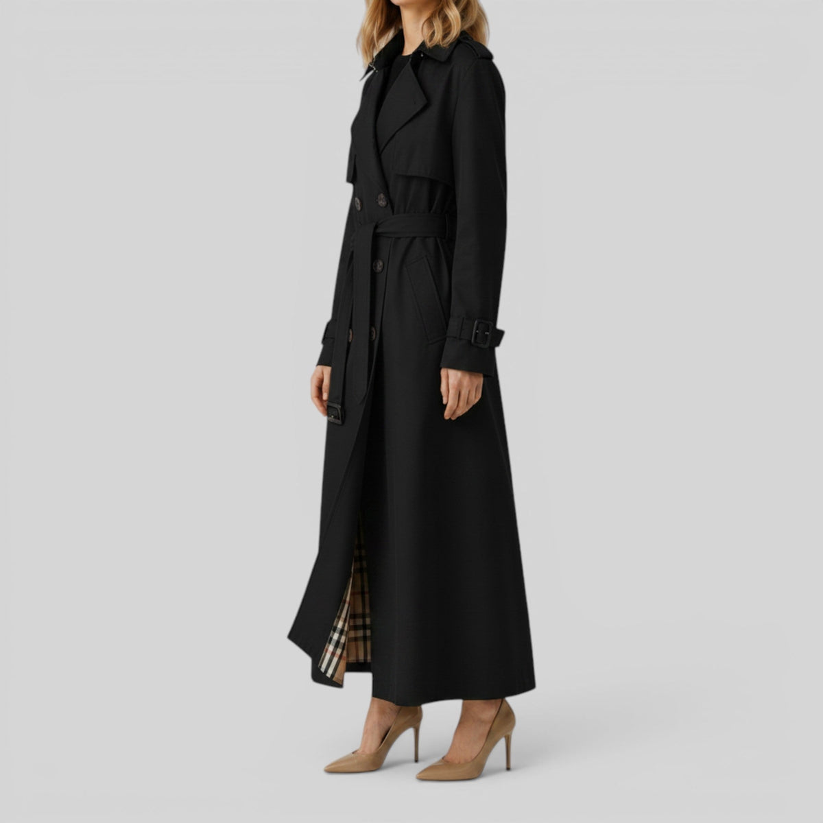 Double Breasted Belted Maxi Trench Coat with Storm Flap