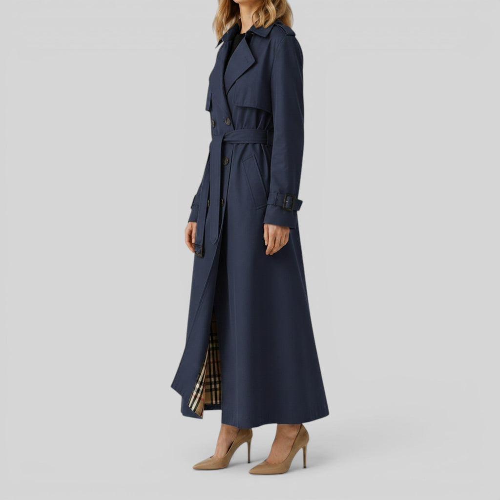 Double Breasted Belted Maxi Trench Coat with Storm Flap