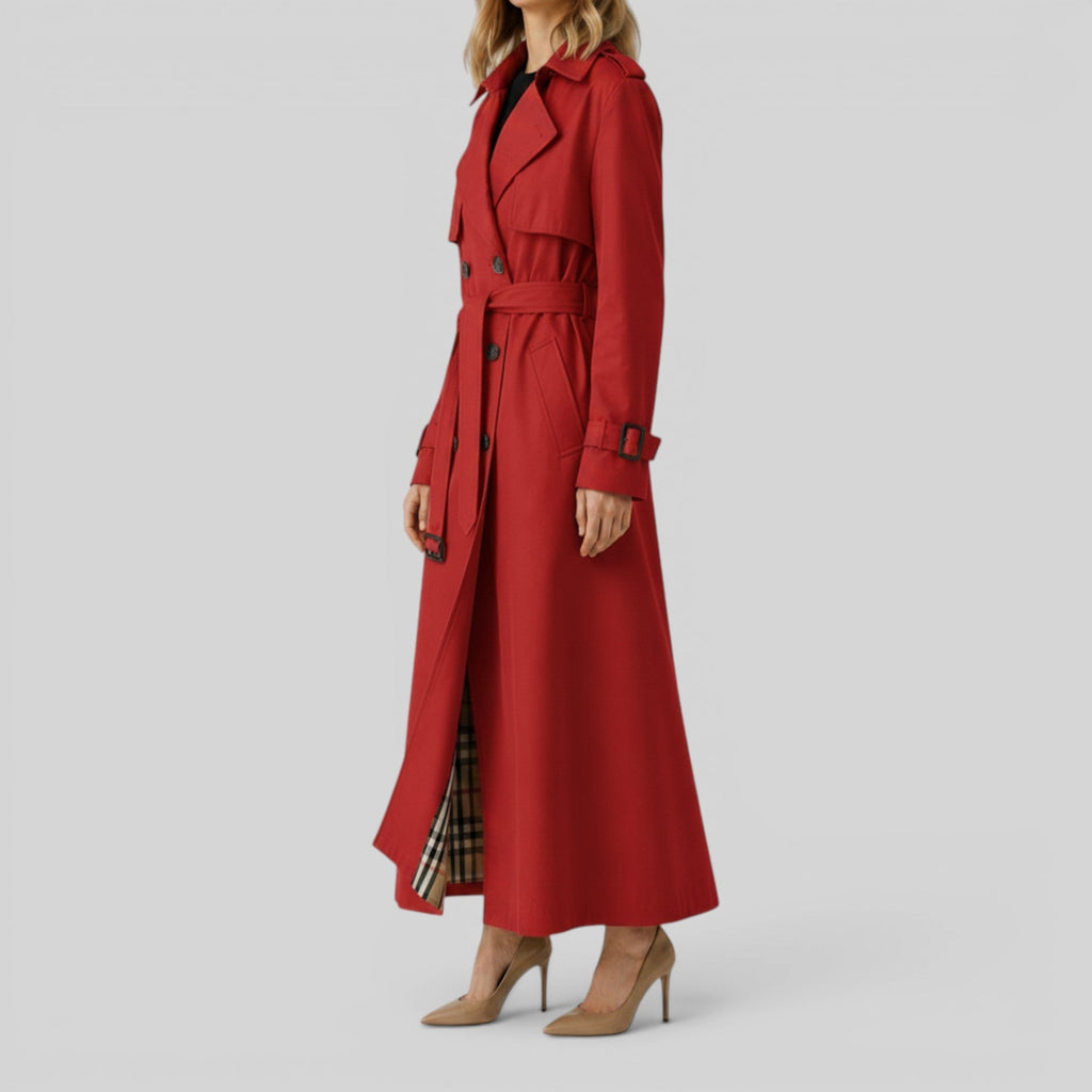 Double Breasted Belted Maxi Trench Coat with Storm Flap