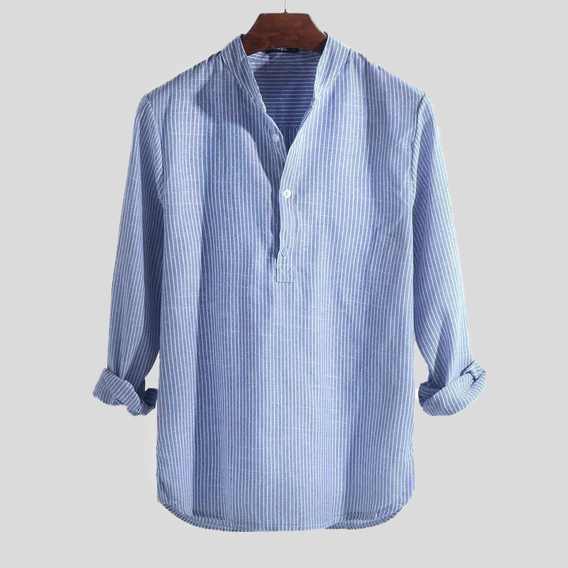Cotton-Linen Blend Men's Shirt, Long Sleeve Henley with Band Collar – Striped Casual and Semi-Formal Top 2