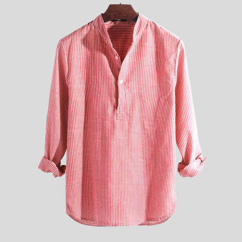 Cotton-Linen Blend Men's Shirt, Long Sleeve Henley with Band Collar – Striped Casual and Semi-Formal Top 3