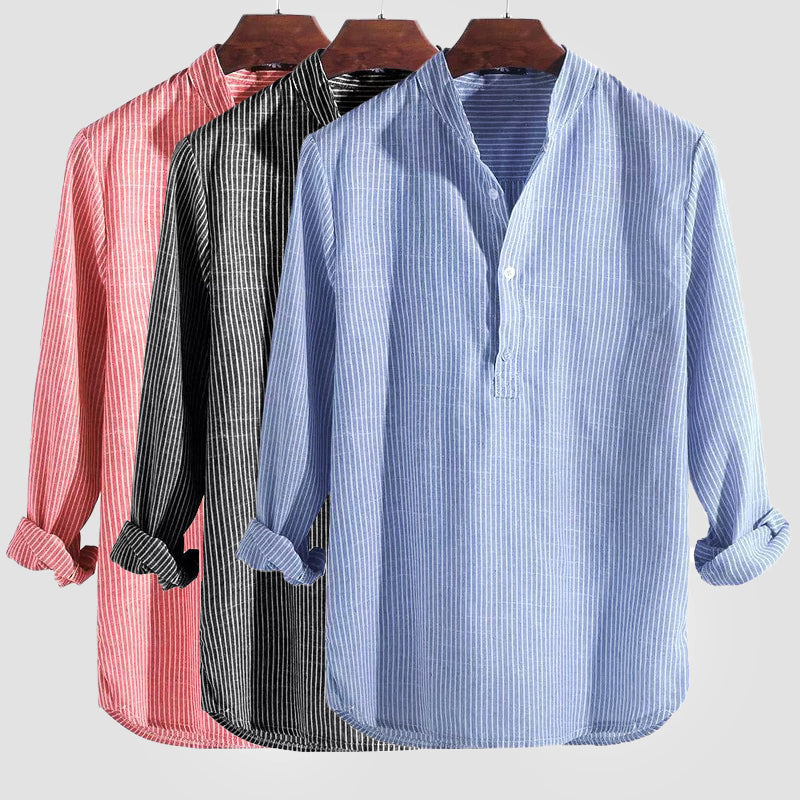 Cotton-Linen Blend Men's Shirt, Long Sleeve Henley with Band Collar – Striped Casual and Semi-Formal Top 5