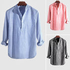 Cotton-Linen Blend Men's Shirt, Long Sleeve Henley with Band Collar – Striped Casual and Semi-Formal Top 6
