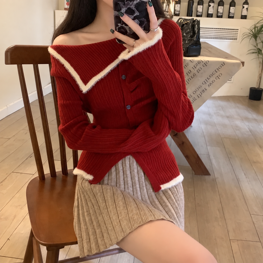 Women's Red Off-Shoulder Knit Sweater – Slim Fit Gothic Y2K Style