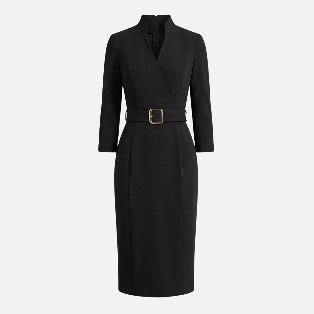 Crossover Neckline Midi Dress with Square Buckle Belt