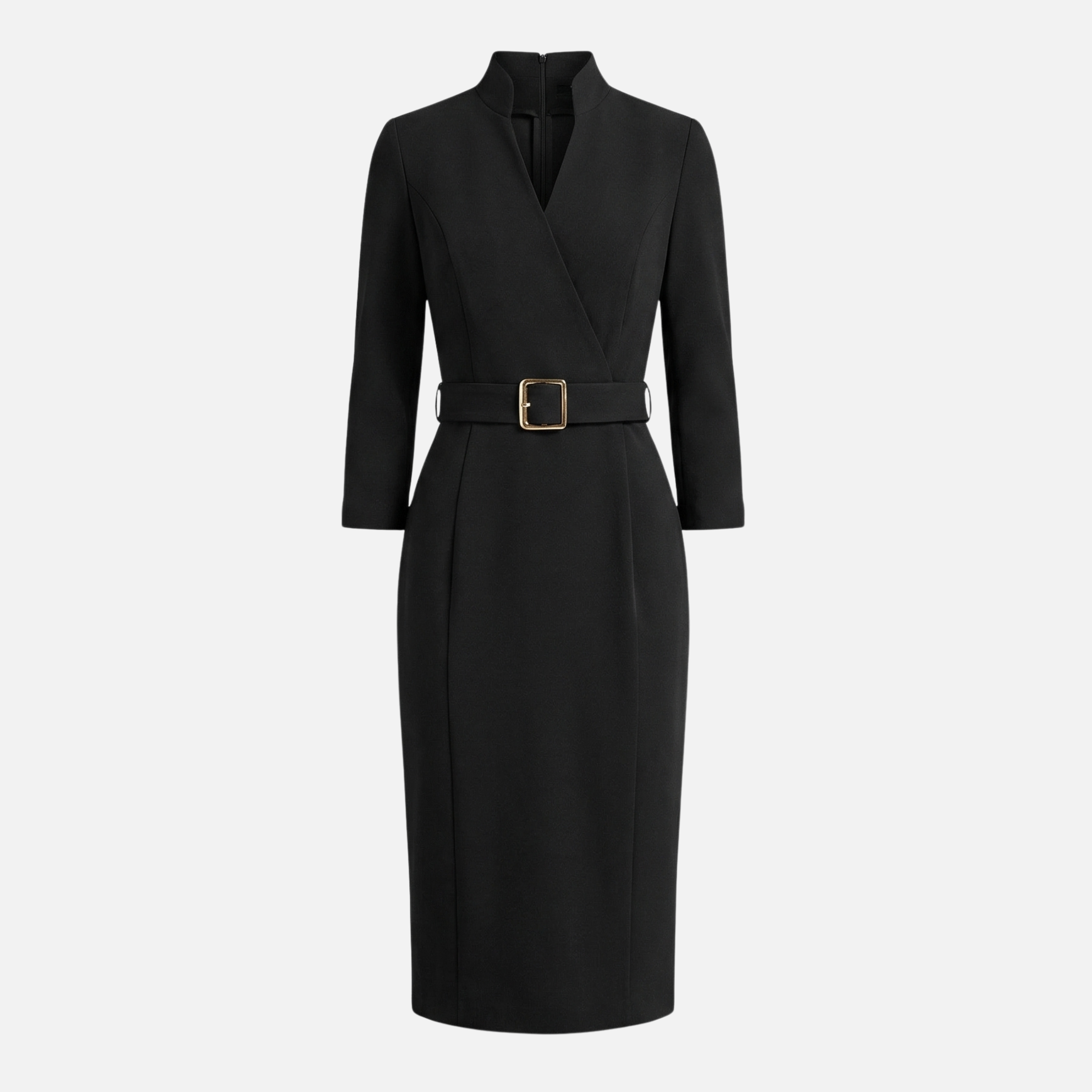 Crossover Neckline Midi Dress with Square Buckle Belt