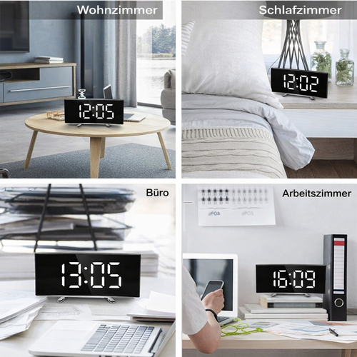 Digitaluhr | LED Spiegelwecker | Auto Dimmung blendfrei | CurveClock