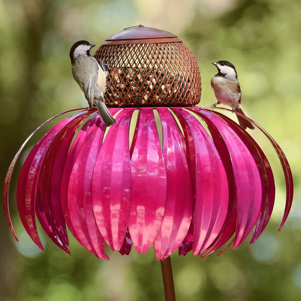 Garden Bird Feeder  Metal Sunflower Design with Pink Petals - Detailed view