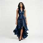 Elegant Satin Halter Gown for Wedding Guests and Formal Events