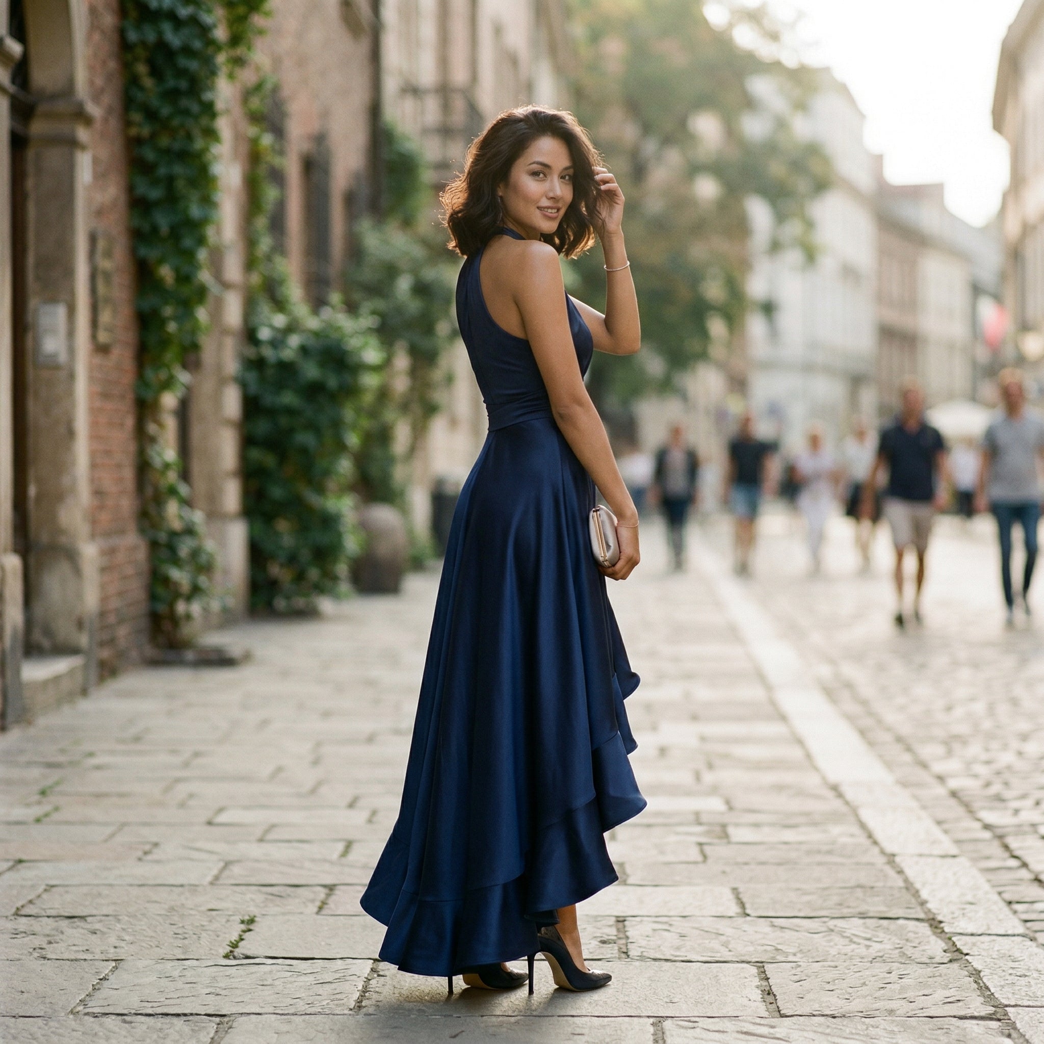 Elegant Satin Halter Gown for Wedding Guests and Formal Events