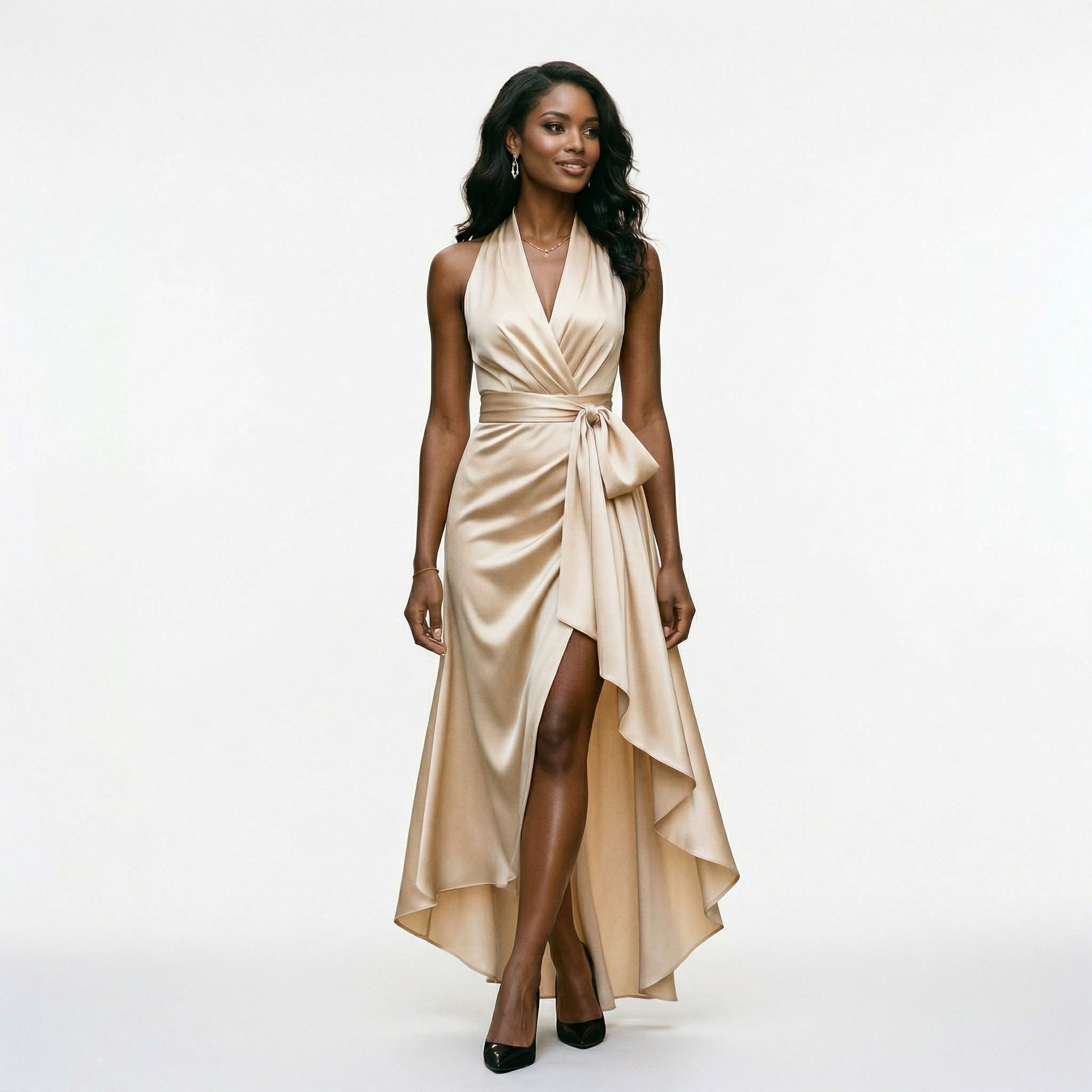 Elegant Satin Halter Gown for Wedding Guests and Formal Events
