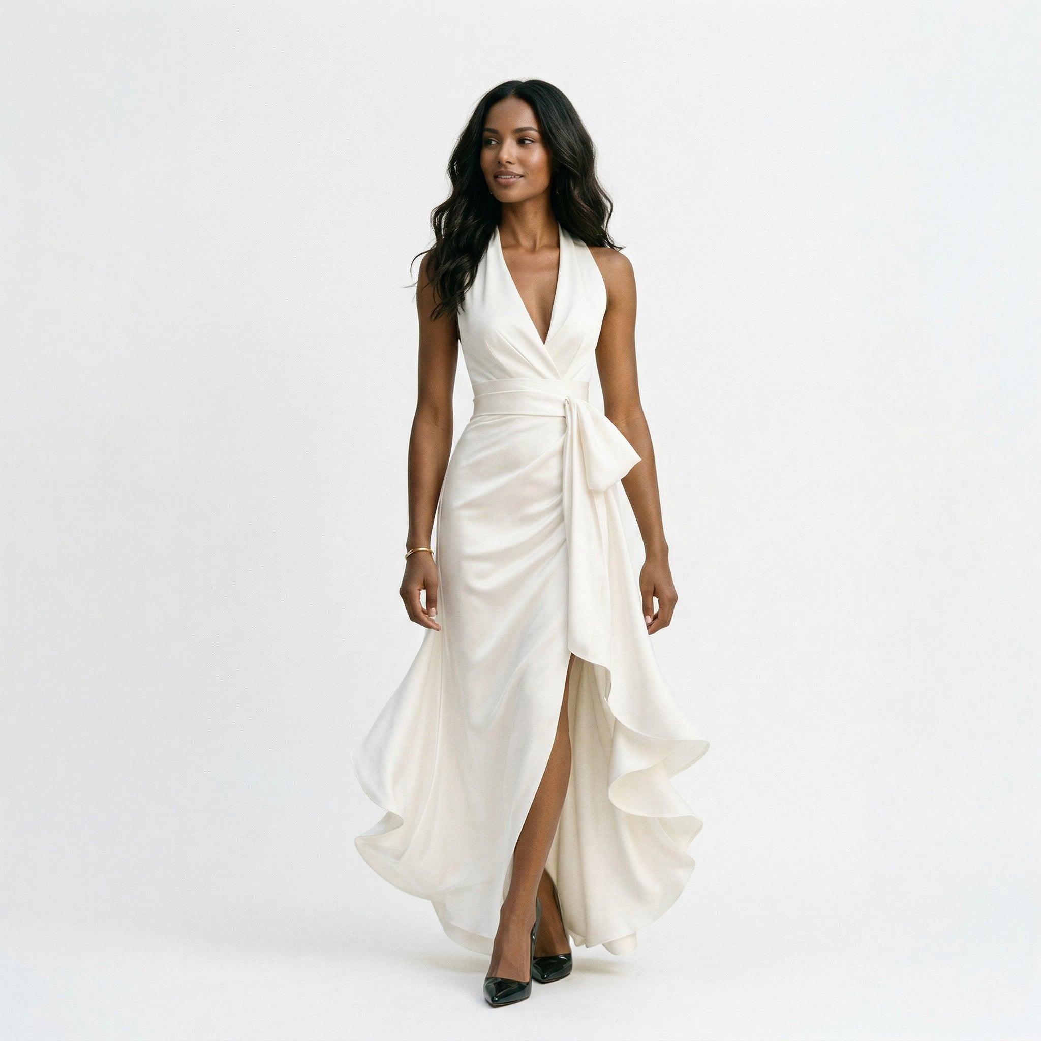 Elegant Satin Halter Gown for Wedding Guests and Formal Events