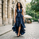Elegant Satin Halter Gown for Wedding Guests and Formal Events