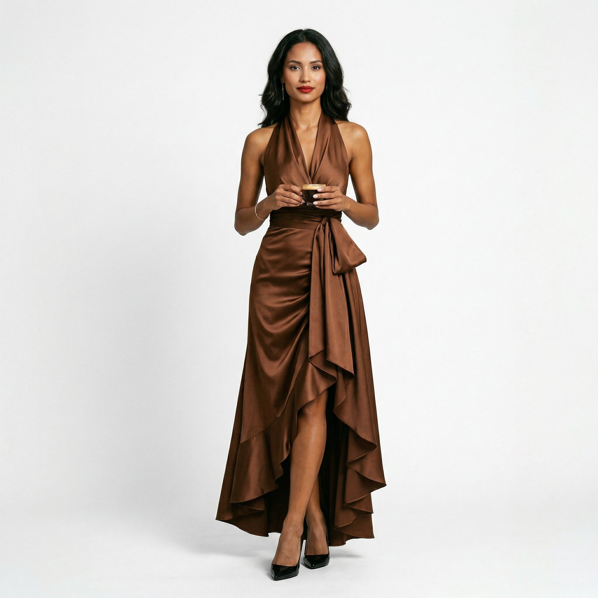 Elegant Satin Halter Gown for Wedding Guests and Formal Events