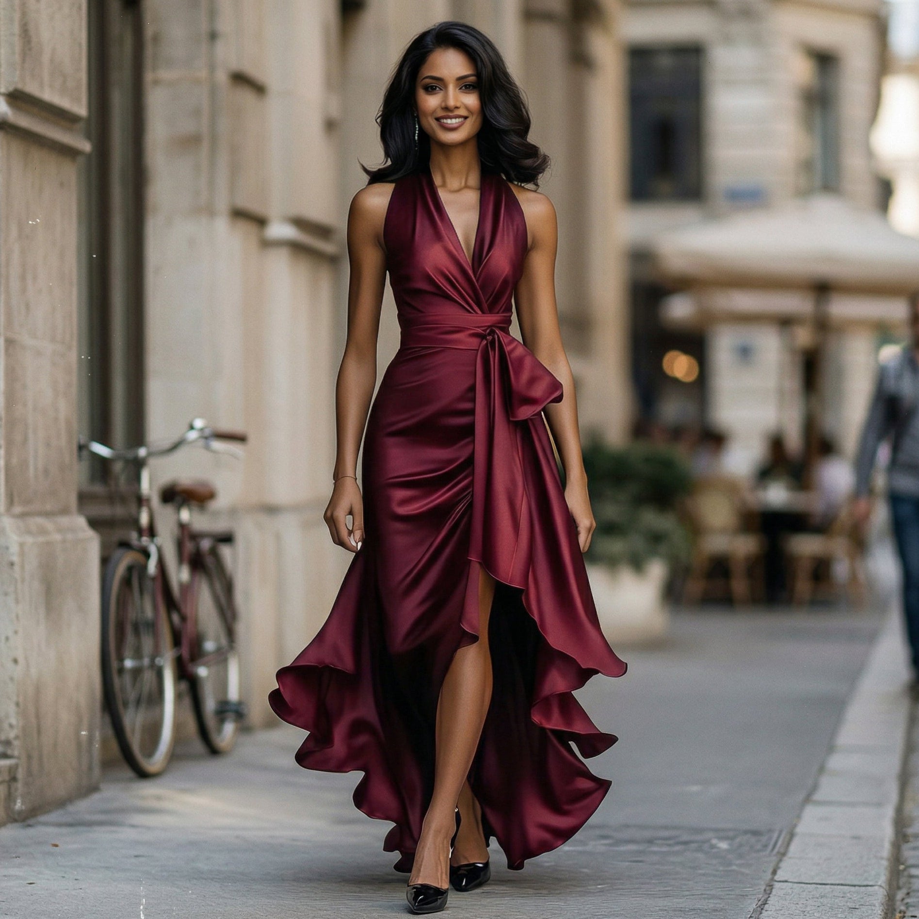 Elegant Satin Halter Gown for Wedding Guests and Formal Events
