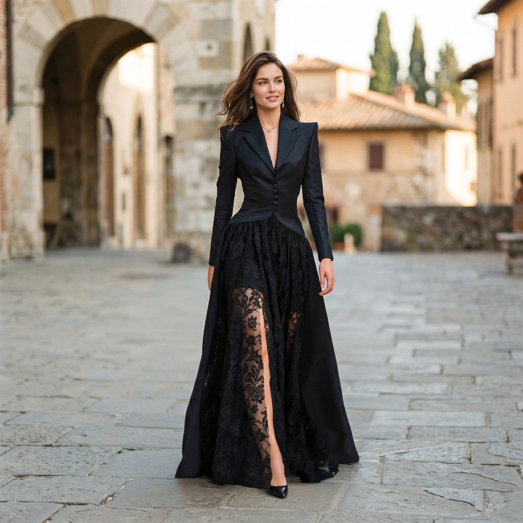 Set elegante di abito su misura da donna per eventi serali formali