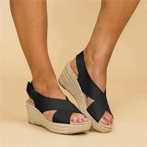Espadrilles Damen | Keilabsatz orthopädisch | Elastischer Crossband-Riemen | Terrasoft