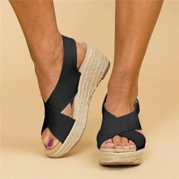 Espadrilles Damen | Keilabsatz orthopädisch | Elastischer Crossband-Riemen | Terrasoft